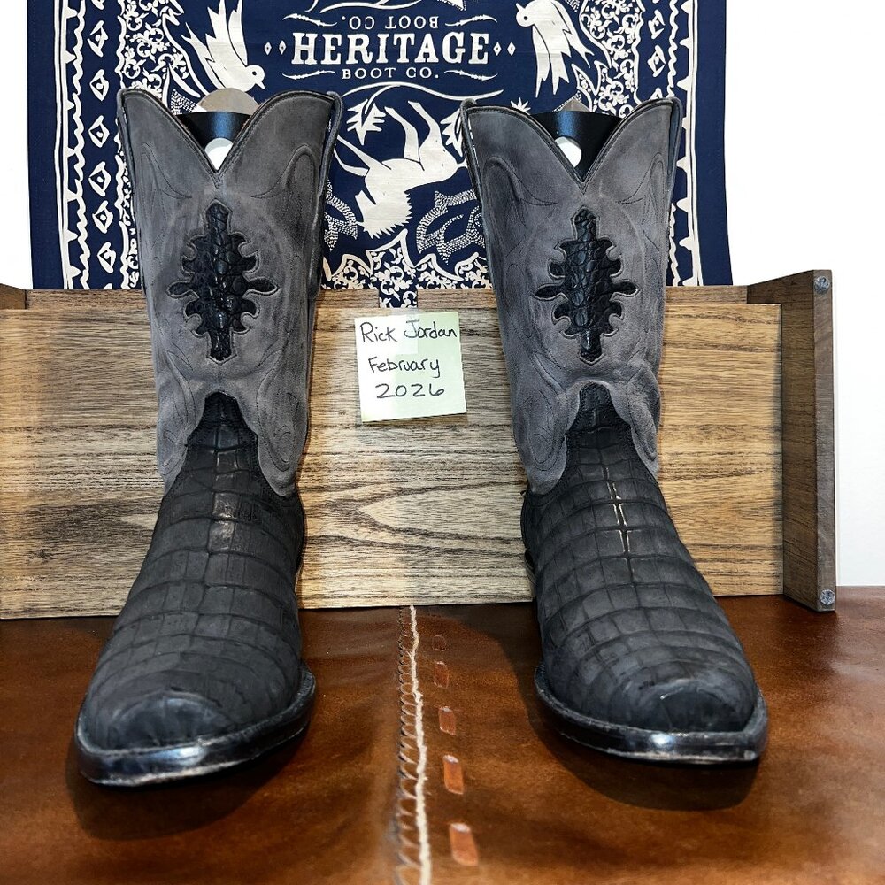 Black Jack Charcoal Gray Sueded Caiman Belly Cowboy Boots in men's 11D